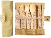 AIMALL 7PCS Reusable Bamboo Cutlery Set, Eco-Friendly Camping & Travel Fork Kit, Portable Eco-Friendly Utensil Set with Straw, Chopsticks, and Pouch for Picnic and Office