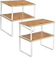 SONGMICS Cabinet Shelf Organizers, Set of 4 Kitchen Counter Shelves, Stackable, Expandable Spice Racks, Metal and Engineered Wood, White and Natural UKCS010N01