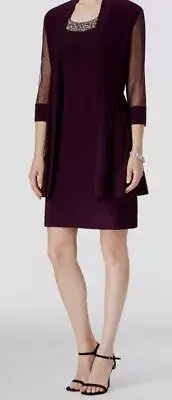 R&M Richards Women Purple Embellished Scoop Neck Stretch A-Line Petite Dress 6P