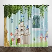 Exquisite Kids Blackout Curtains Castle Cartoon Flowers 55x63 Inch Bedroom Eyelet Thermal Insulated Room Darkening Printed Curtains for Nursery,Set of 2 Panels