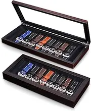 Besforu Watch Band Organizer Case for Men or Women - 10 Watch Holder, Wooden Storage Box With Real Glass Window