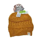 NWT David & Young Repreve Messy Bun & Ponytail Beanie Mustard Yellow Knitted