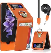 Cavor Wallet Case for Samsung Galaxy Z Flip3 5G Case with Ring Holder Kickstand Card Slots Long Crossbody Lanyard Shoulder Strap Hand Pattern Leather Cover Ultra Slim Scratch Resistant-Orange