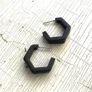 Black Frosted Tapered Hex Vintage Lucite Hoops Earrings