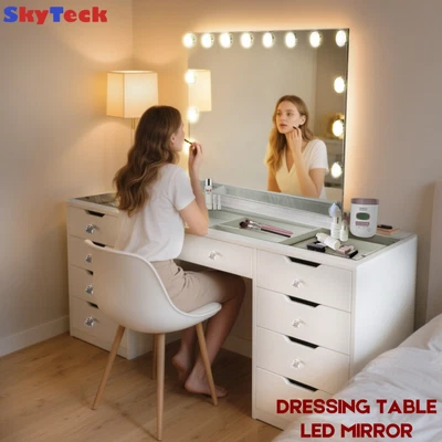 WHITE GLASS TOP MAKE-UP DRESSER TABLE WITH LED MIRROR WITH DRAWER KLDS11-A