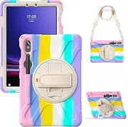 [SLLMYYX] Case for Samsung Galaxy Tab S10 FE/Tab S9 FE/Tab S9, 360 Rotating Hand Strap Shockproof Protective Cover with Shoulder Strap, Colourful Pink