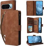 for Google Pixel 9 5G Wallet Case,for Google Pixel 9 Pro 5G Case,Boyobacase PU Leather Wallet Flip Cover Stand Feature[ 6 Card Slots and 1 Zipper Coin Pocket] with Wrist Strap-Light Brown