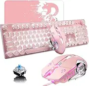 USB Wired Mechanical Gaming Keyboard Blue Switch Retro Steampunk Vintage Typewriter-Style White LED Backlit 104-Key Anti-Ghosting + 2400DPI 6 Buttons Game Mouse Compatible with PC Office Play Games