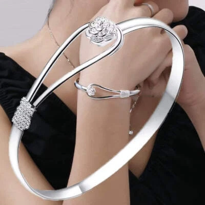 925 Sterling Silver Flower Bangle Bracelet for Women