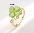 Yellow Gold Ring Anti-anxiety Rotating Fidget Four Cloves Jade Opal Adjustable
