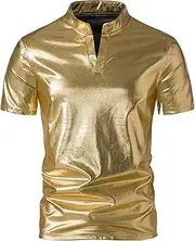 [PHJTOMK] Men's Retro Disco Metallic Polo T Shirt Shiny Party Men Short Sleeves Casual Stand Collared Shirt, Golden, Medium