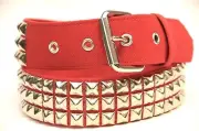 Canvas Belt Three Row Pyramid Stud Red Punk Rock Gothic 70's British Style