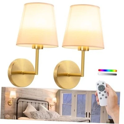 Battery Operated Wall Sconce Set of Two,Gold Wireless Sconces with Romote and