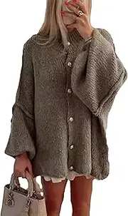 [Generic] Women's Gray Pearl Button Cardigan - Oversized Knit with Bell Sleeves, Open Front Design for Casual Fall/Winter Wear