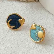 Bohemian Sun and Moon Heart Enamel Earrings Vintage Style