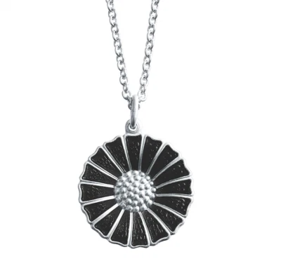 Georg Jensen. Sterling Silver Daisy Pendant with Black Enamel 18mm.