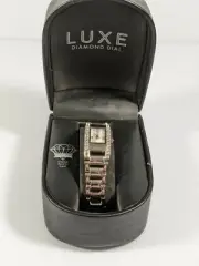 Luxe Diamond Dial Crystal Accent Case Silver tone Hing Clasp Bracelet Watch 7.5