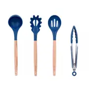 Beechwood & Silicone Kitchen Serving Utensils Set - Ladle/Pasta Server/Tongs/Slotted Spoon - Navy