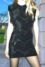 ZARA FESTiVE DAYS COLLECTiON MINI BLACK FRINGED SEQUIN VELVET DRESS sz S