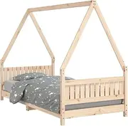 'vidaXL Kids Bedroom Flair - Bed Frame 90x190 cm in Robust Pine Wood with House-Style Design and Low-to-The-Ground, Single - Brown Natural