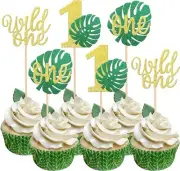 24 PCS Monstera Leaf One Cupcake Toppers Glitter Wild One Cupcake Picks Palm