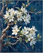 White Blossoms on Dark Blue Paint by Numbers Kit for Adults - DIY Blooming Branches Painting on Canvas 16x20 Inches,Acrylic Paint Set,Suitable for Beginners,Botanical Art for Home Decoration