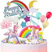 MOVINPE Unicorn Cake Topper, 2 Magic Unicorns Sculpture, 1 Rainbow, 1 Happy Birthday Banner, 2 Cloud, 4 Balloon, 12 Stars, 1 Moon, Cake Decoration For Girl Kid Women Birthday Party