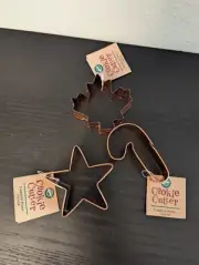 (3) 2000 Wilton 3.25" Copper Plated Cookie Cutters STAR, MAPLE LEAF & CANDY CANE