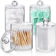 TAVVKE 4 Pack Qtip Holder Dispenser for Cotton Ball, Swab, Pads, Floss - Clear Plastic Apothecary Jar Set for Bathroom Storage and Makeup Organization