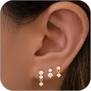 [Poxtex] Stud earrings for Women，Hypoallergenic Small Gold Cubic Zircon Studs Earrings for Multiple Piercing Trendy Jewelry, Dainty Cartilage Earrings for Teen Girls Gifts 3 Pairs