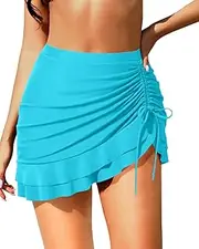 [Pinup Fashion] Women High Waisted Swim Skirt Ruffle Drawstring Swimdress Flattering Swimsuit Bikini Bottom Skort