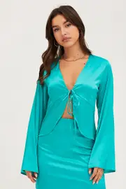 Green Satin Jacket Long Sleeve - Size 6, Women's Bolero