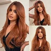 Megan Fox Inspired Wigs Auburn Wigs for Women Layered Wig with Bangs Long Straight Hair Wig Copper Brown Wigs Natural Synthetic Hair Heat Resistant Wigs for Da
