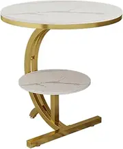 Modern Round Marble Top Side Table with Storage Shelf 2 Tier C Shaped Pedestal End Table for Living Room Bedroom or Sofa 20 Inch Couch Coffee Table Display Stand in Gold Finish