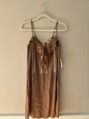 SEE BY CHLOE 100% Silk Bronze Dress Baby doll Lace Front Hook Closure NWT Sz 8