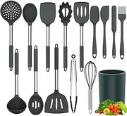 Silicone Kitchen Utensils Set, 15 Pcs Silicone Cooking Utensils Set, Stainless Steel Cooking Utensils Heat Resistant Cookware, Cooking Tools with Holder (Dark Grey)
