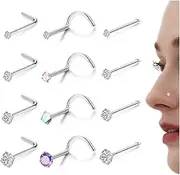 [Milacolato] 12PCS 20G Nose Stud Silver/Gold Hypoallergenic 316L Surgical Steel Nose Piercing Tiny Nose Studs L Shaped Screw Colorful Cubic Zirconia Nose Rings Studs Straight Bar Nose Piercing Jewelry