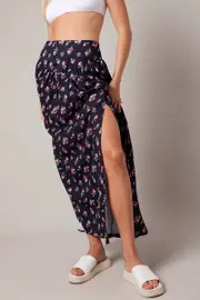 Black Floral Maxi Skirt Bouquet Ditsy Side Split Skirt - Size 14, Women's Maxi Skirt