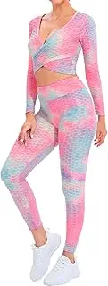 [JBT] Workout Sets for Women - 2 Piece Tie-Dye Compression Workout Yoga Set - Long Sleeve Crop Top and High Waist Leggings