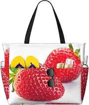 [Ghjkfbf] Strawberry Print Large Capacity Beach Travel Bag For Family, Beach Tote Bag For Women With Zipper Pockets, Black, One Size