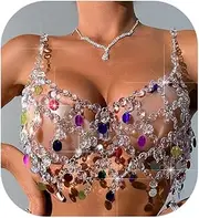 [Panxly] Summer Beach Crystal Sequin Backless Crop Tank Top Jewelry Bikini Sequin Tassel Underwear Festival Rave Outfit Bra Body Jewelry for Women