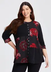 [TS] Taking Shape Spliced Floral Snug Tunic Size 10 in Black / RED Rose, Cotton - Plus Size Women's Clothing Black / Red Rose