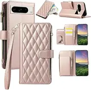 Boyobacase for Googie Pixel 8 Pro 5G Wallet Case,for Googie Pixel 8 Pro 5G Case, PU Leather Wallet Flip Cover Stand Feature[6 Card Slots] [1 Zipper Coin Pocket] with Wrist Strap-Rose Gold