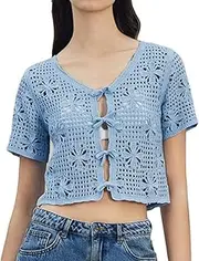 [Generic] Women's Tie Front Bell Short Sleeve Cardigan Crop Top Crochet Knit V Neck Cover-up Tops