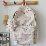 Floral Print Lightweight Backpack With Blush Bear Charm - Off-White - One Size