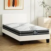 Oikiture King Single Bed Frame with Mattress Set Fabric Bed Base Bonnell Spring Bed Mattress White