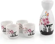 Abuff Japanese Sake Set, 1 Tokkuri Bottle & 4 Ochoko Cups, Spring Blossoms Ceramic Sake Set- Microwave and Dishwasher Safe