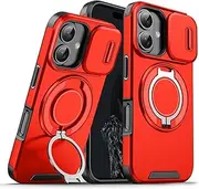 ELEPIK for iPhone 16 Plus Case with Camera Cover, [360° Rotatable Ring Stand] [Compatible with Magsafe] Military Grade Protective Phone Cover for iPhone 16 Plus, Red