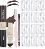 Hinourisha Dual-Color Black Dark Brown Eyebrow Stamp Stencil Kit with 20 Reusable Eyebrow Stencils, Brush, Eyebrow Razor, Brow Stamping Shaping Kit Long Lasting Waterproof Tinting Definer Brow Powder