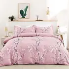 Pink Floral Duvet Cover Set Queen, Double Flower Plum Blossom Printed Comforter